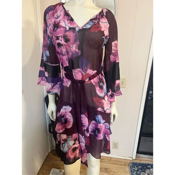 WHBM 3/4 Bell Sleeve Ruffle Kimono Inspired Floral Dress XS - Picture 8 of 9